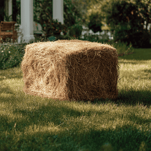 Natural bale of hay styled as part of a cozy fall porch pumpkin display.