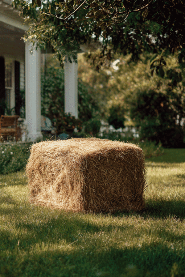Natural bale of hay styled as part of a cozy fall porch pumpkin display.