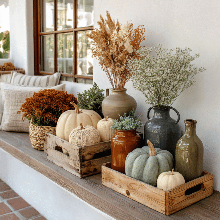 Eco-friendly fall decor with real pumpkins, dried florals, and clay vases in muted autumn tones and terracota
