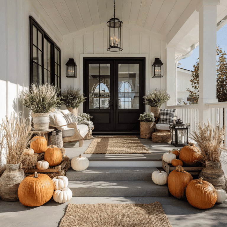 Pumpkin porch decor for fall 2025 with layered pumpkins in soft orange, sage, and ivory, styled with symmetry and height variation around the front door for a warm seasonal welcome.