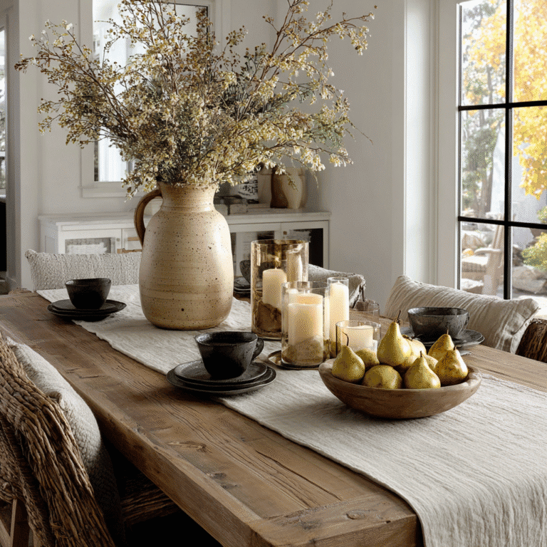 Fall dining table with a wrinkled linen runner, ceramic vase with dried florals, taper candles, and seasonal fruits for an earthy, layered autumn look.