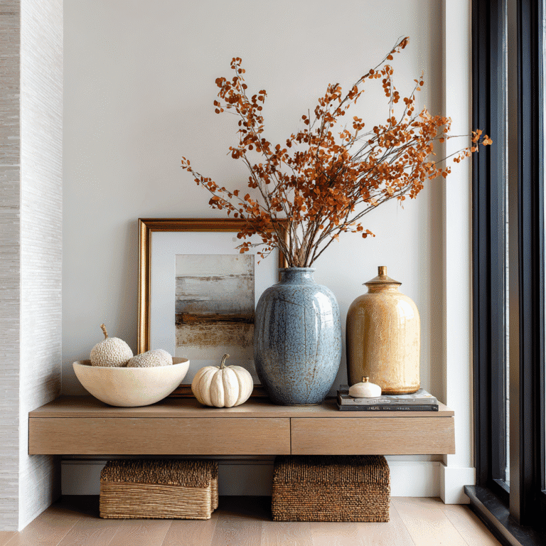Fall foyer decor with woven pumpkins, ceramic bowl, muted blue vase, and dried branches on a narrow console.