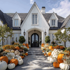 Pumpkin porch decor Masterpiece inspiration for fall 2025 featuring layered heirloom pumpkins, white and orange jack-o’-lanterns, hay bales, and autumn gourds in front of a large home.