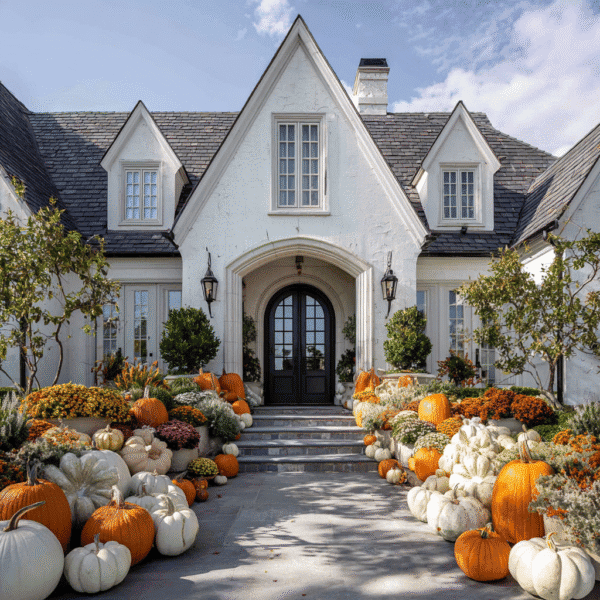 Pumpkin porch decor Masterpiece inspiration for fall 2025 featuring layered heirloom pumpkins, white and orange jack-o’-lanterns, hay bales, and autumn gourds in front of a large home.