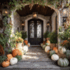 A beautifully signature front porch and home entryway adorned with various sizes of orange, white, and green pumpkins