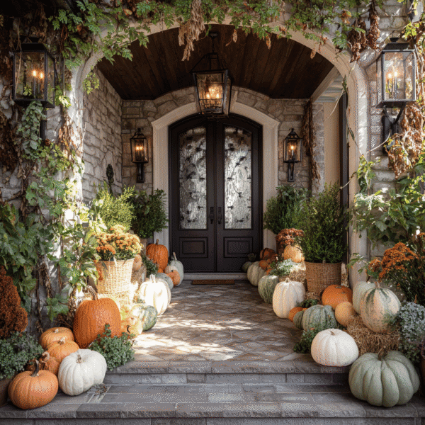 A beautifully signature front porch and home entryway adorned with various sizes of orange, white, and green pumpkins