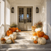 Fall welcome porch entryway with pumpkins and autumn decor
