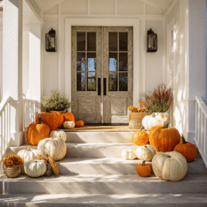 Fall welcome porch entryway with pumpkins and autumn decor
