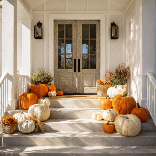Fall welcome porch entryway with pumpkins and autumn decor
